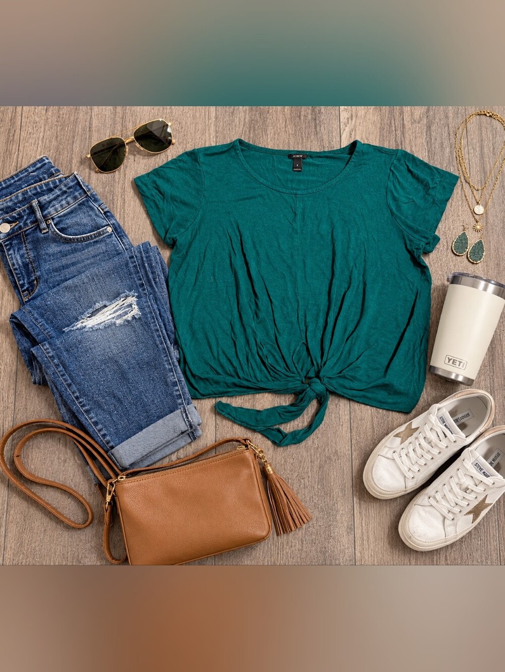 J. Crew Teal Tie-Front Short Sleeve Crop Top